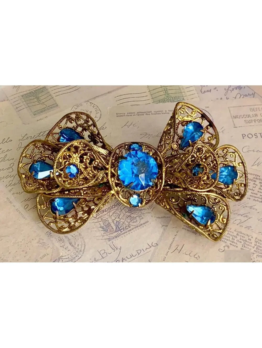 Vintage Blue Rhinestone Bow Brooch | Filigree Pin | Mid-Century Jewelry